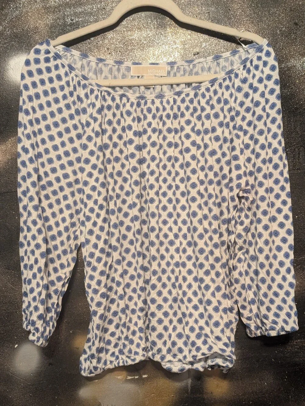 Michael Kors White Off-Shoulder Top with Blue Geometric Print